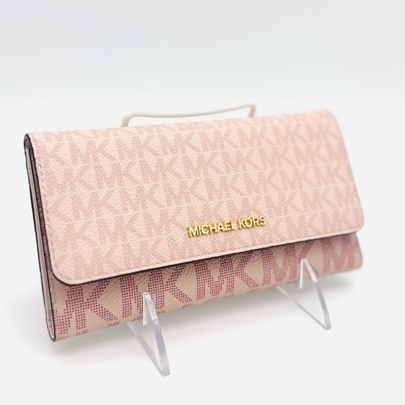Michael Kors Jet Set Large Signature Logo TriFold Wallet Powder Blush Multi - Picture 3 of 9